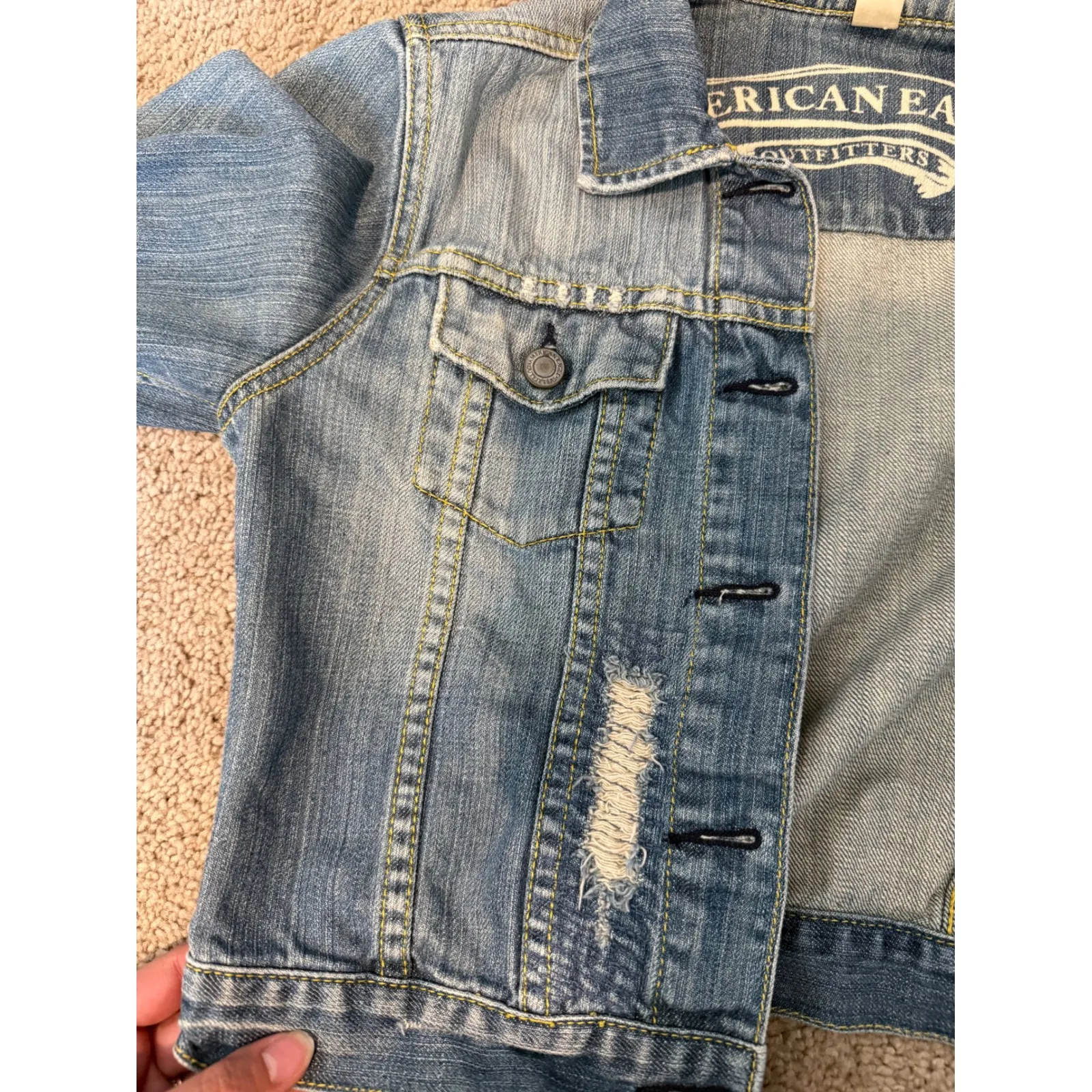 American Eagle Outfitters‎ Denim Jacket Medium M Distressed Cropped Jean Blue - Image 7