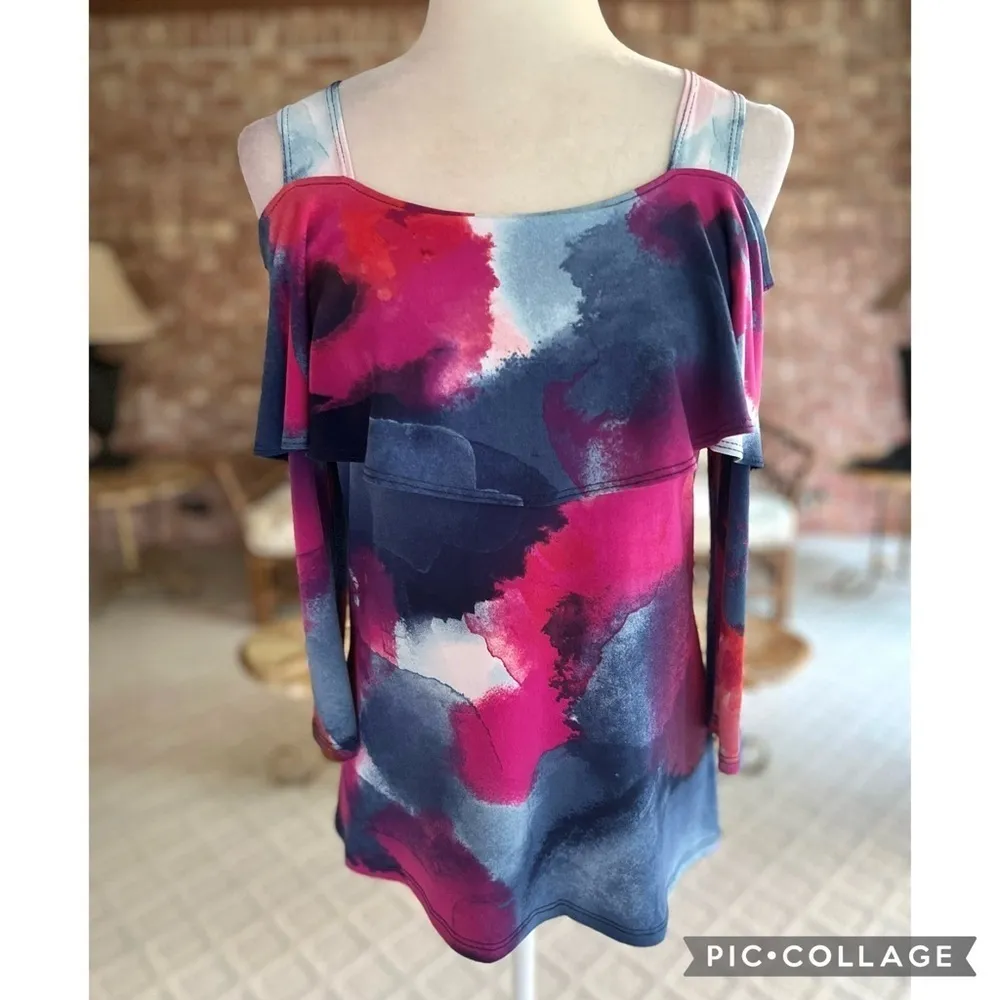 Clara Sun Woo Top Cold Off the Shoulder Blue Pink Top XS Jersey Knit Cocktail - Image 2