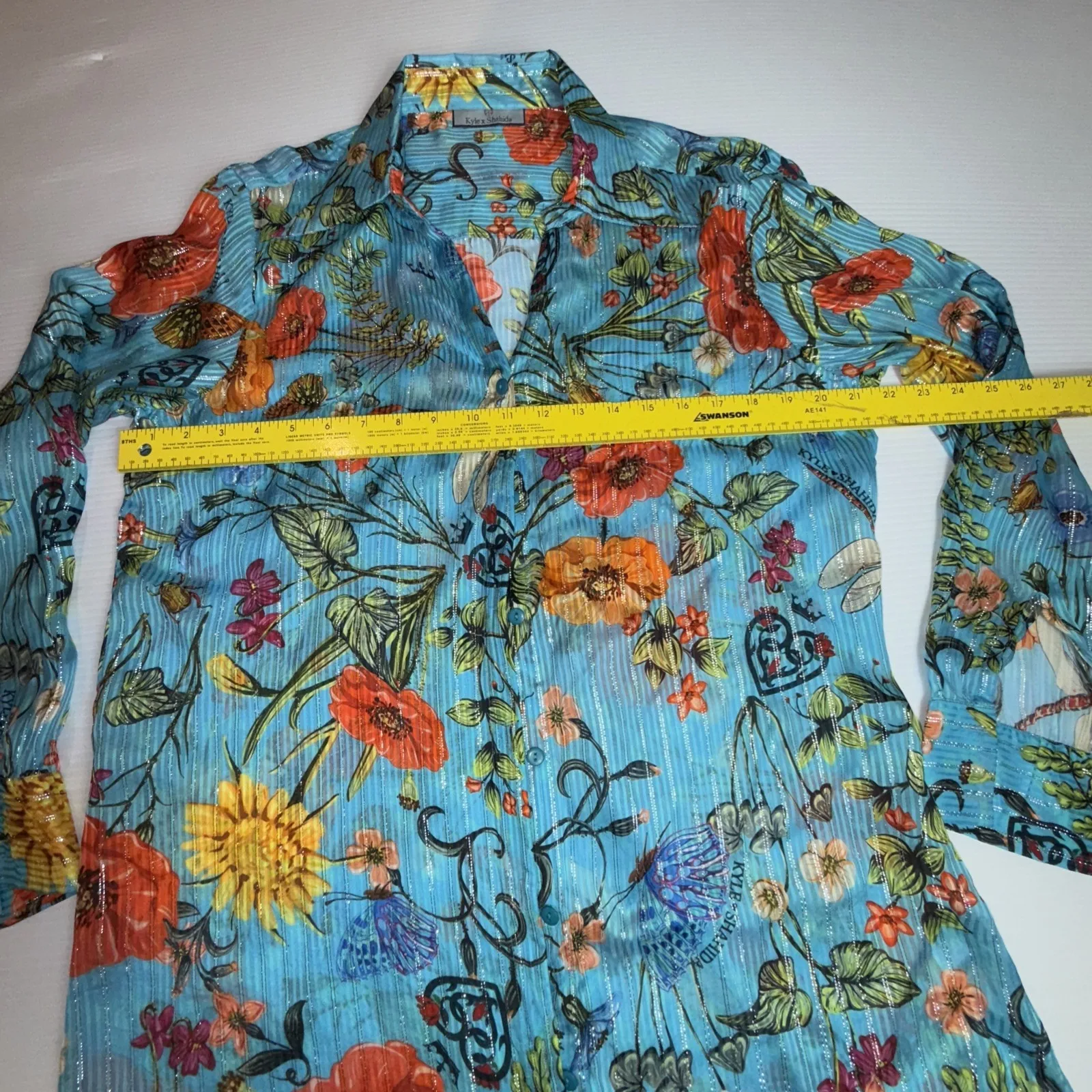 KYLE X SHAHIDA Silver Thread EMBELLISHED BLUE FLORAL PRINT Silk Blouse L Size L - Image 4