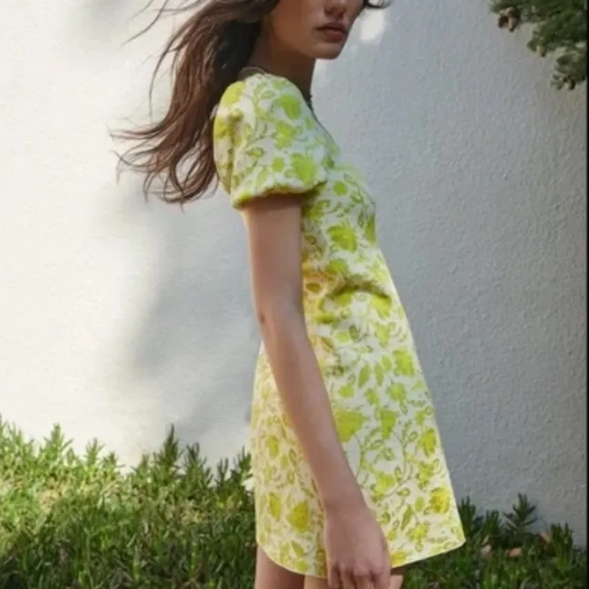 Zara Jacquard Knit Floral Puff Sleeve Mini Dress Citrus Yellow Green Size S - Image 3