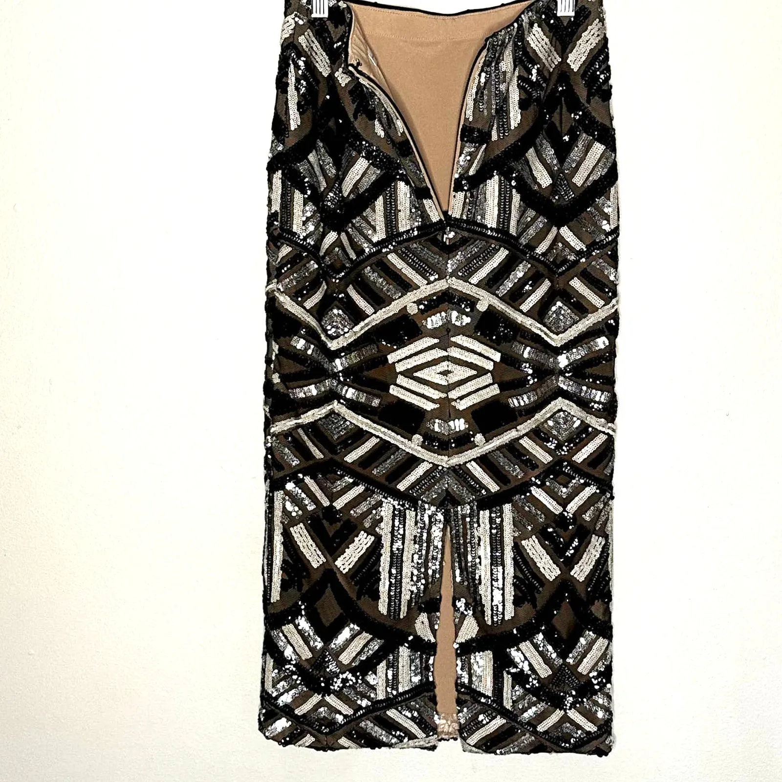 Dress The Population Black Silver Sequin Fitted Midi Pencil Nola Skirt Small - Image 5