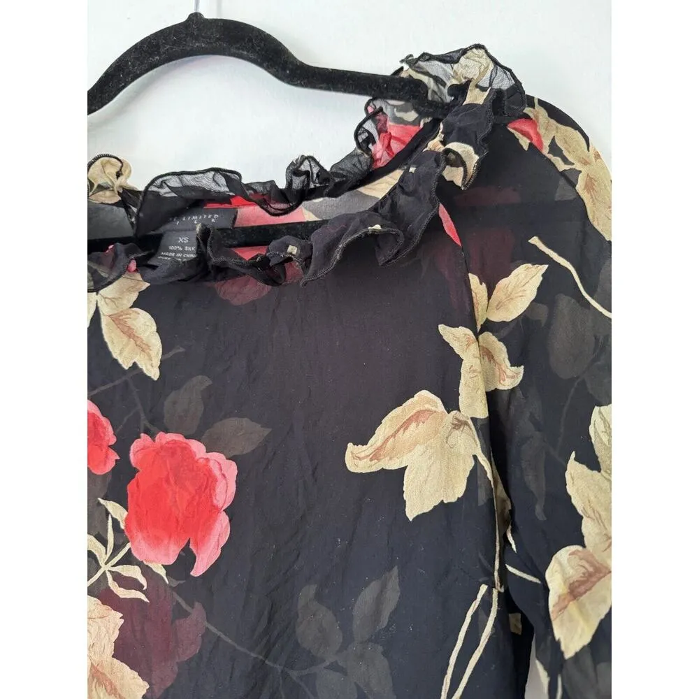 The Limited Rose Floral Black Sheer Ruffle Sleeve Silk Long Sleeve Blouse Sz XS - Image 3