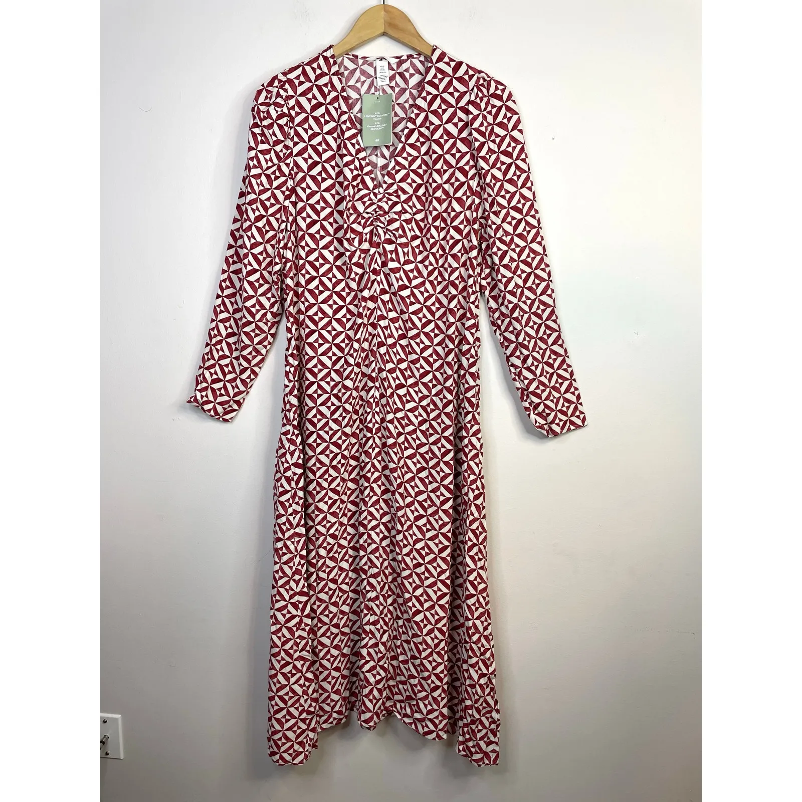 H&M Red Print Puff Sleeve Midi Dress Lenzing Ecovero Woven Boho Womens XL New - Image 2