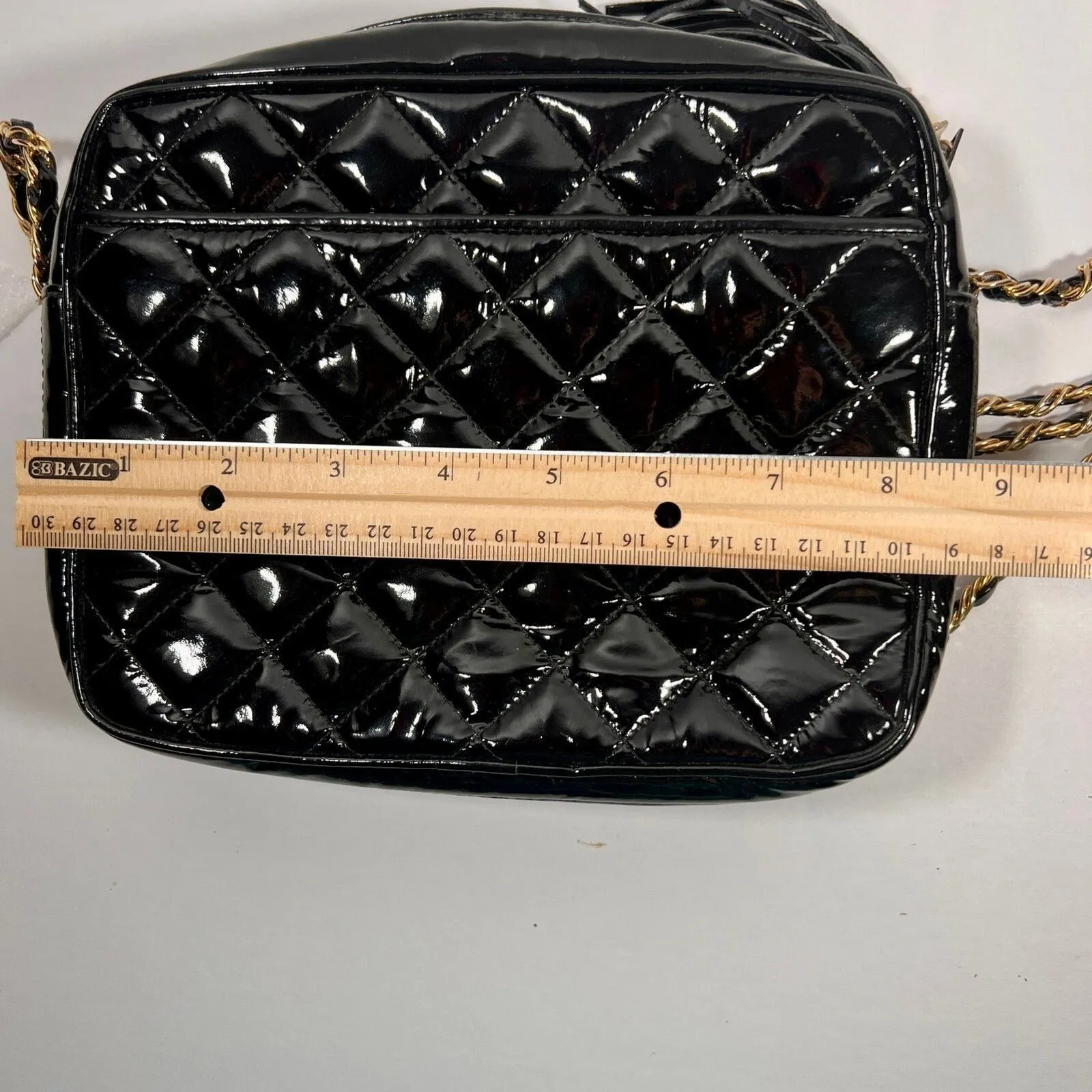 Jay Herbert VTG black patent leather crossbody bag tassel chain strap - Image 7