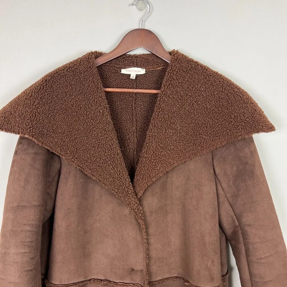 Solitaire Coat Womens Medium Brown Faux Suede Shearling Lined Oversized Collar M - Image 3