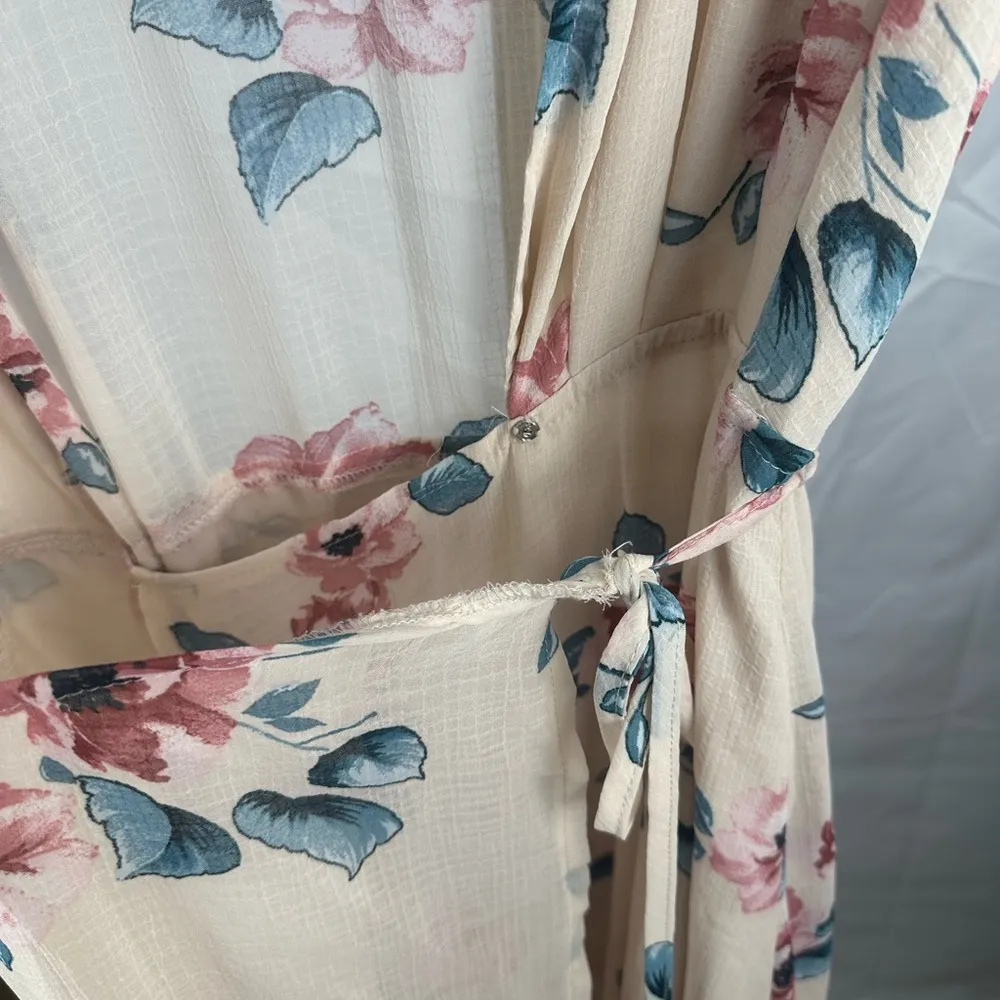 Sheer Maxi Floral Wrap Belted Dress Short Slit Sleeves Large Flowy Cottagecore - Image 3