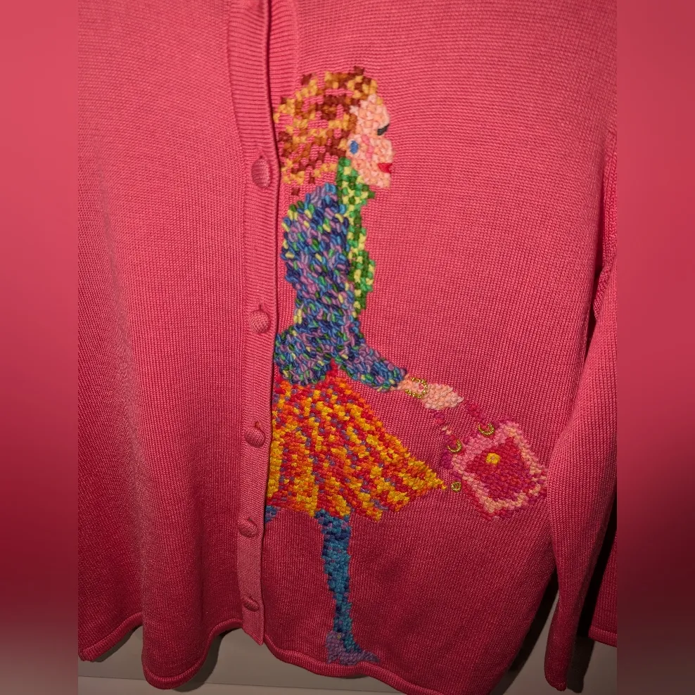 Y2K Michael Simon Silk Blend Embroidered Woman Walking Cardigan Pink Size undefined - Image 4