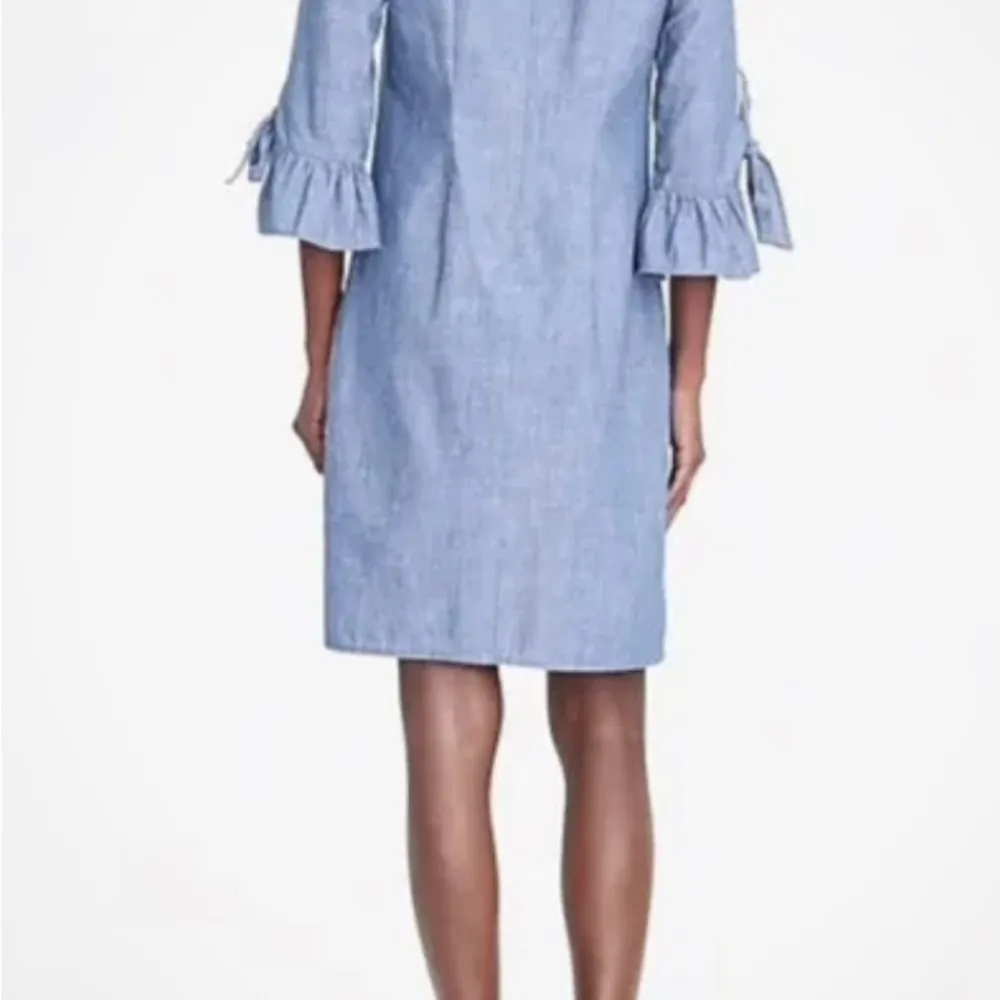 J.Crew Blue Chambray V-neck Tie Sleeve Shift Shirt Dress Ruffle Bow Denim Size 4 - Image 2