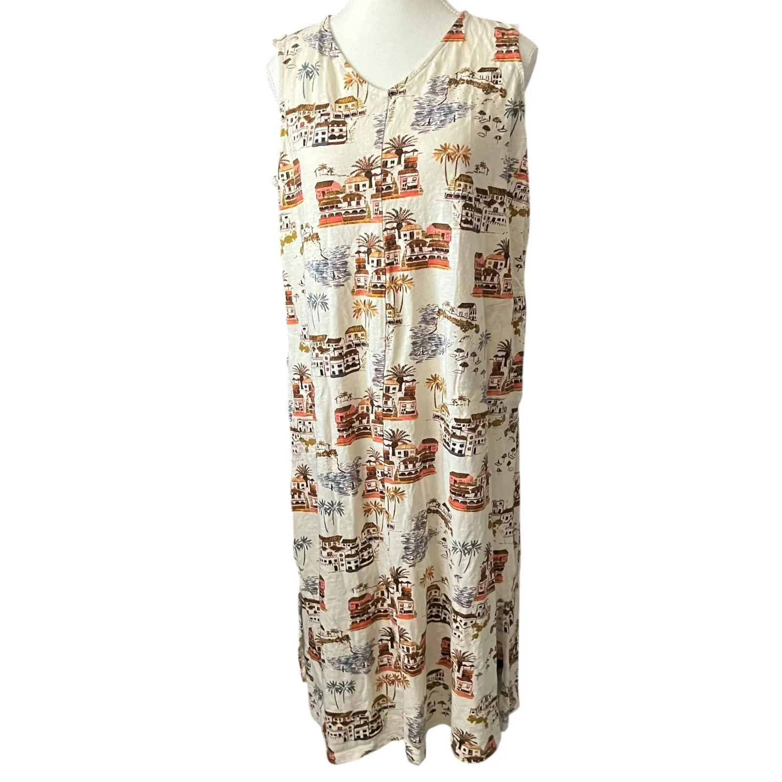 Naturals & Co Midi Dress XLP Sleeveless Palm Tree Village Print Casual Cotton‎ Tan Size undefined - Image 2