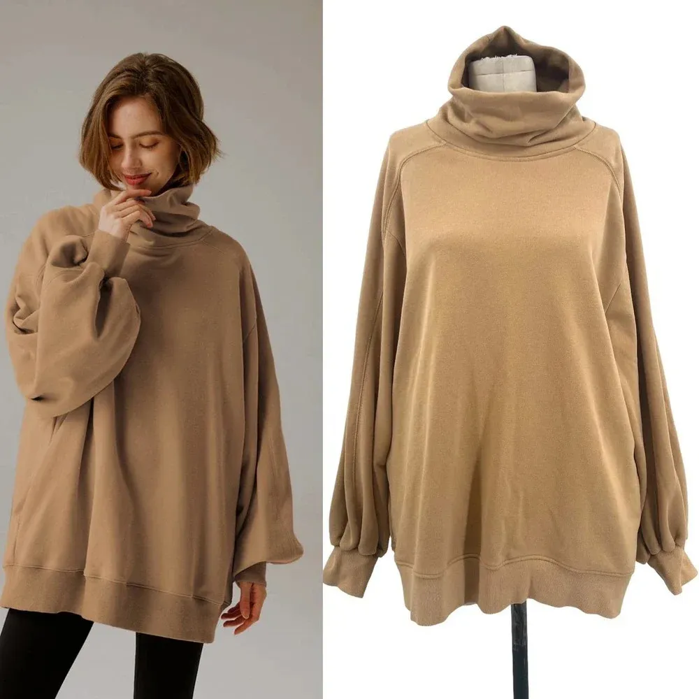 NAP Loungewear‎ Boxy Turtleneck Sweatshirt in Light Camel Size Small Tan - Image 2