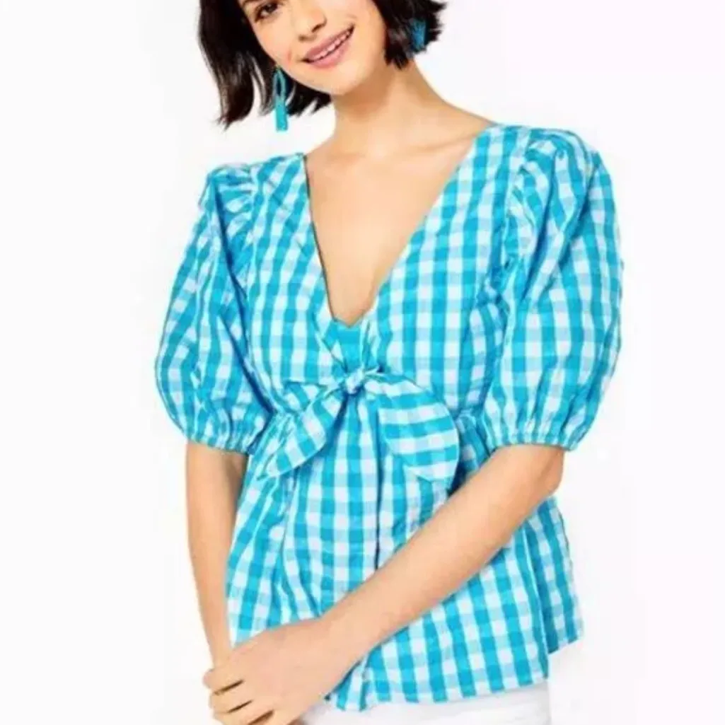 LILLY PULITZER SARAFINA BLUE GINGHAM CHECK BABYDOLL SHORT PUFF SLEEVE SMOCK TOP - Image 4
