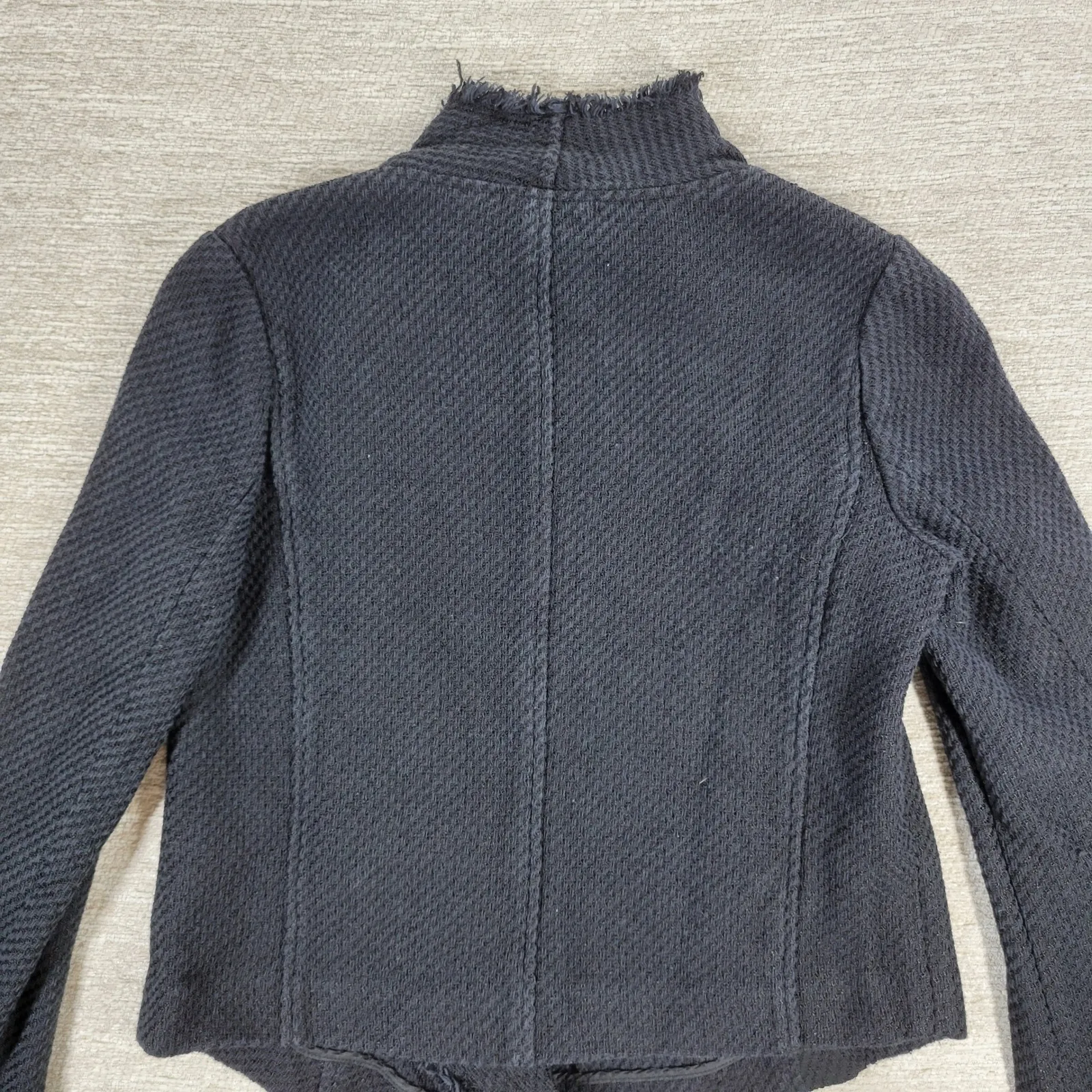 Vince Textured Knit Moto Jacket S Zip Fringe Trim Collar Black - Image 12