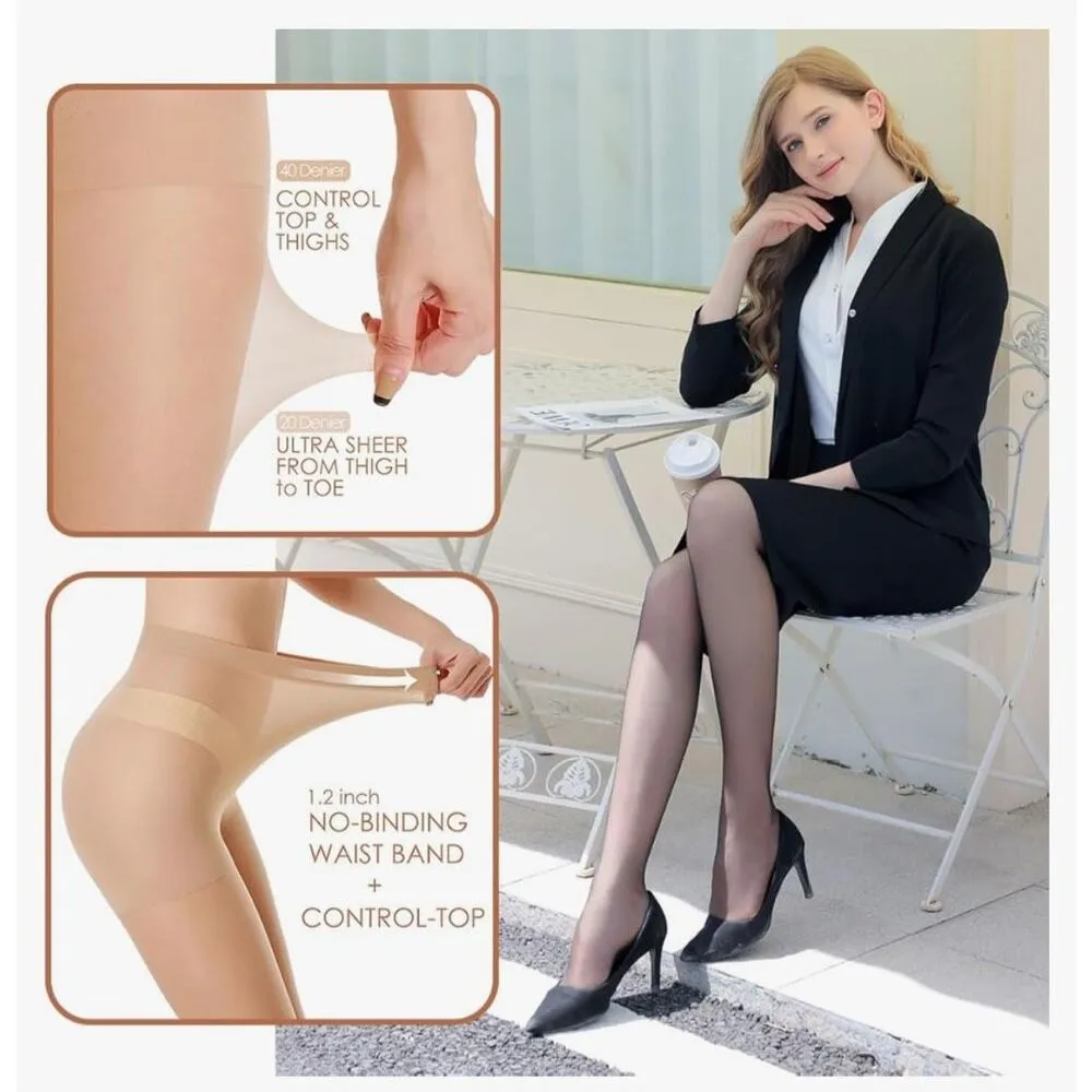 NEW 3 Pair Sheer Tights 20D Control Top Pantyhose Reinforced Toes 2X Tan - Image 2