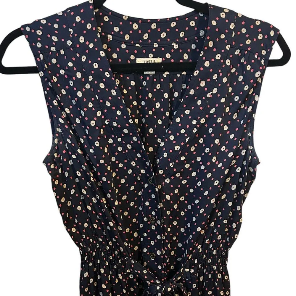 Fossil Sleeve Navy Abstract Polka Dot Midi Tie Waist Size Small Shirt Dress Work - Image 3