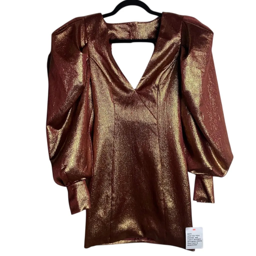 ASOS DESIGN Size 2 Super Sleeve Metallic Open Square Back Tux Mini Dress Gold - Image 3