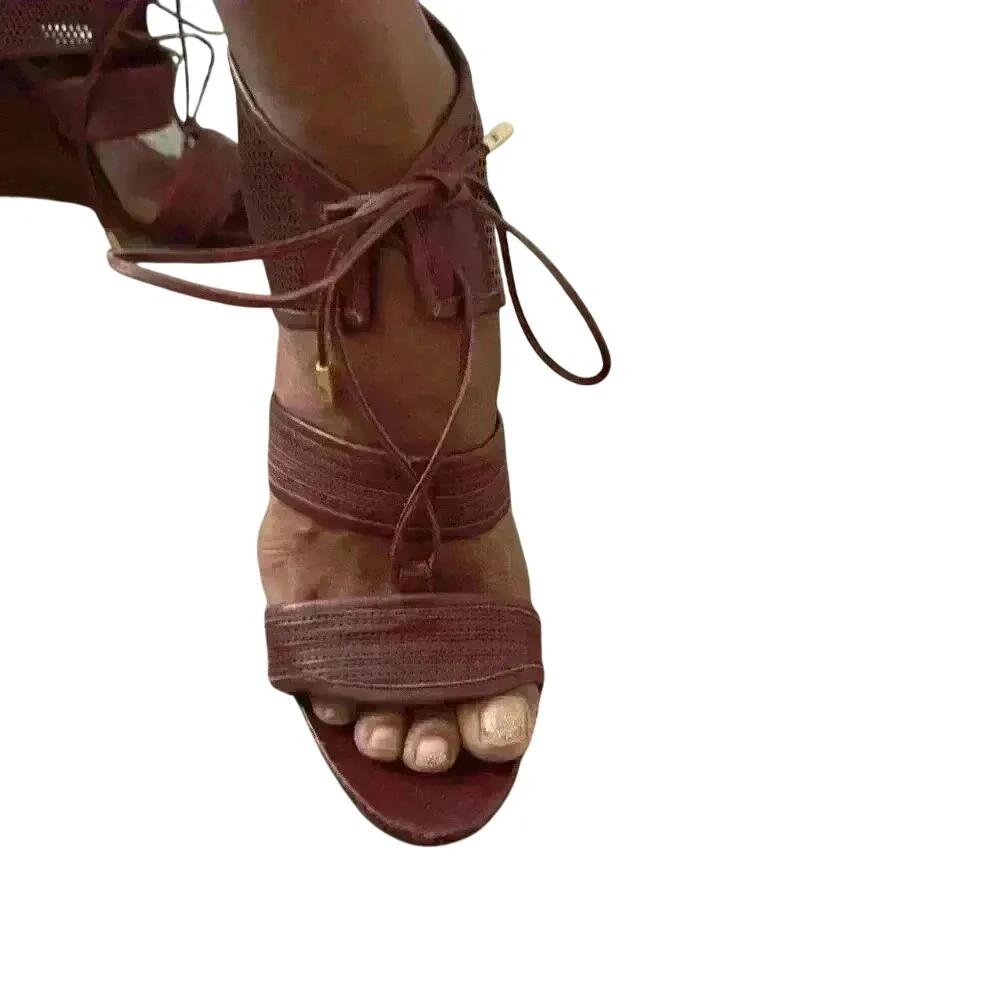 Derek Lam Burgundy Leather Perforated Lace Up Wedge Sandals Made in Italy Size 9 - Image 2