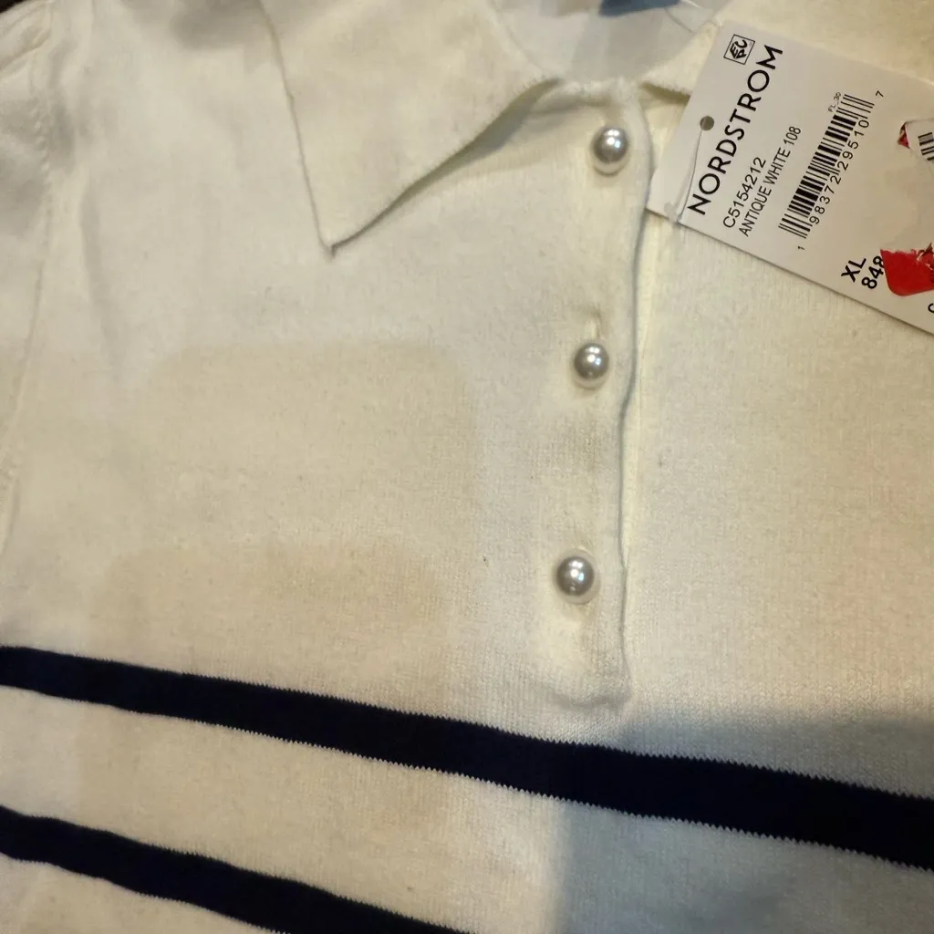 NWT CeCe Nordstrom white with stripe Polo lightweight Sweater size XL - Image 2