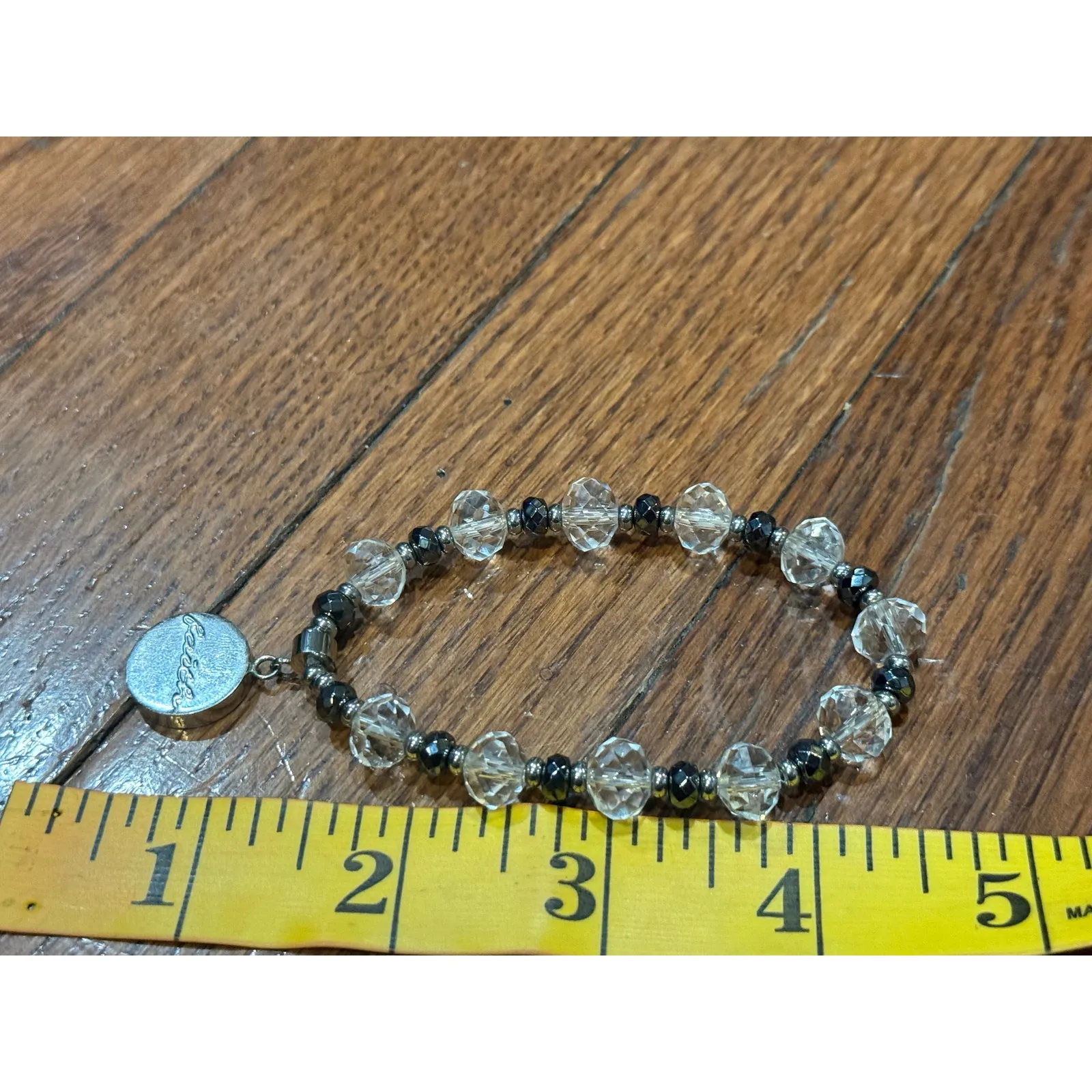 Rustic Cuff Christian Faith Stretch Bracelet Silver & Clear Beads Charm Logo - Image 3