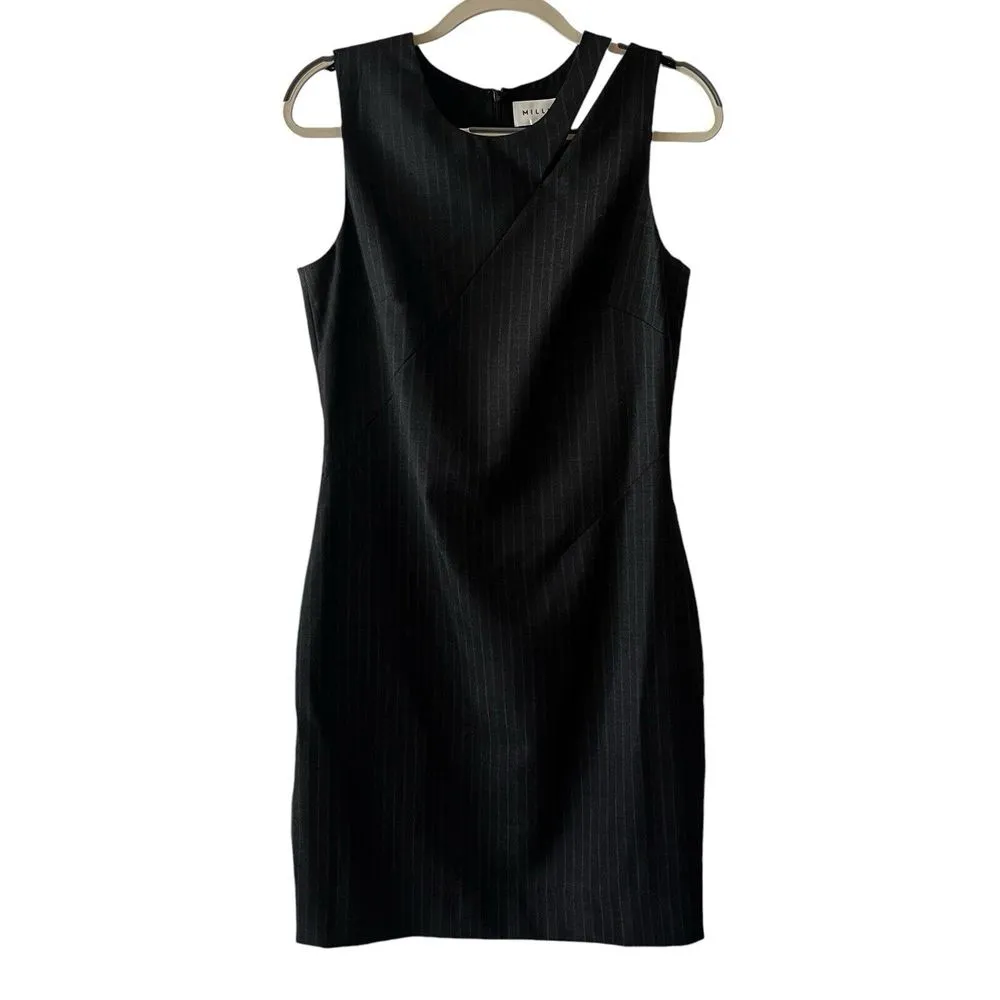 Milly Dress Virgin Wool Cutout Shoulder Tailored Sheath‎ Gray Pinstripe Size 8 - Image 2