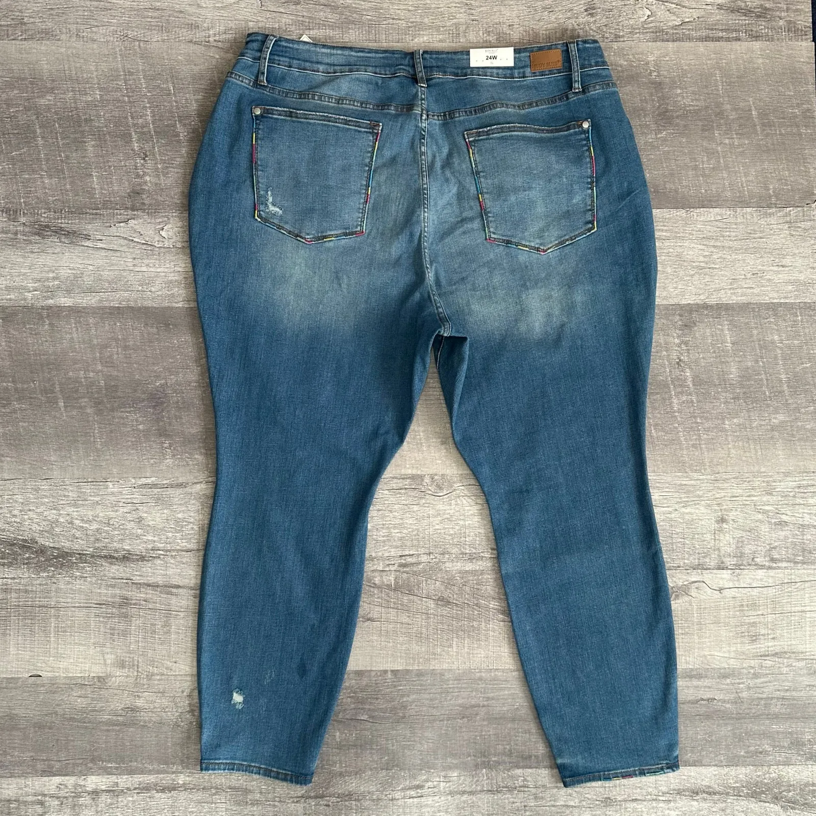 Judy Blue NEW Distressed Skinny Jean 24W High Rise Rainbow Embroidered JB88286 - Image 2