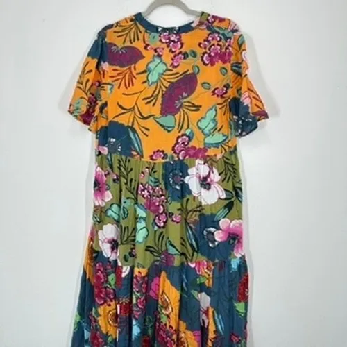 Anthropologie Tiered Midi Dress Floral Print Orange Green Blue Boho Gauzy Resort - Image 12