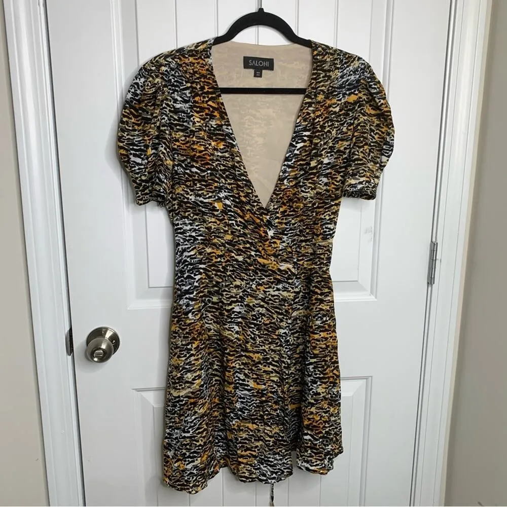 Saloni puff sleeves lea silk ink‎ tiger mini wrap dress size 4 mob wife Yellow - Image 3