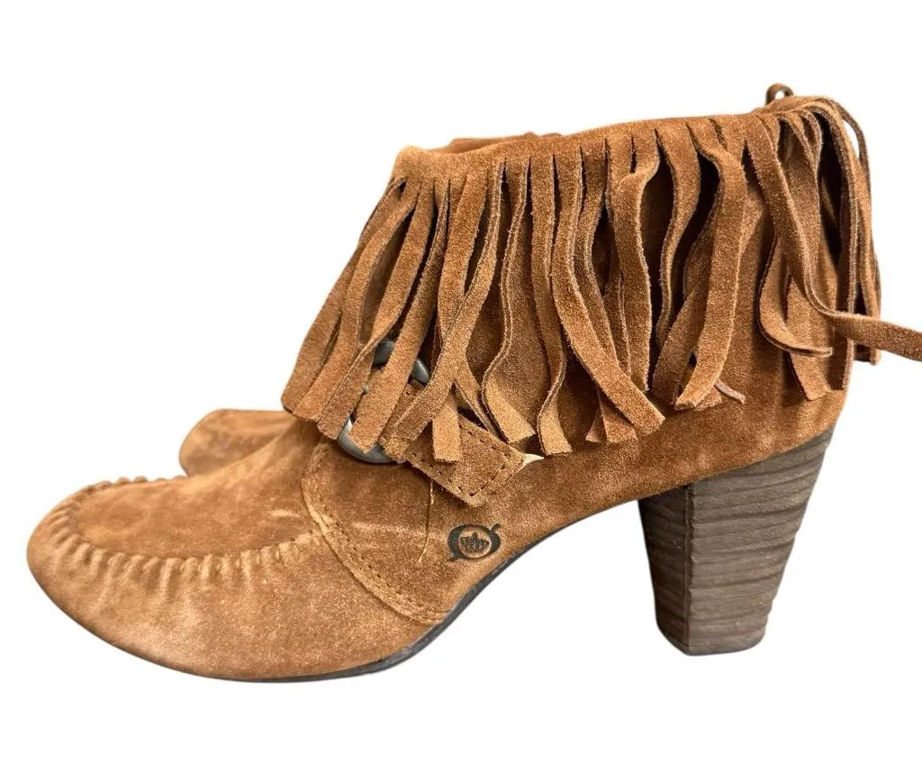 Born Women’s 8.5 Suede Fringe Moc Toe Ankle Boots Brown Block Heel Western Boho - Image 4