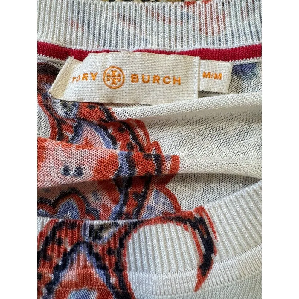 Tory Burch Women’s Paisley Long Sleeve Top Size M Cream Boho Luxury Blouse - Image 7