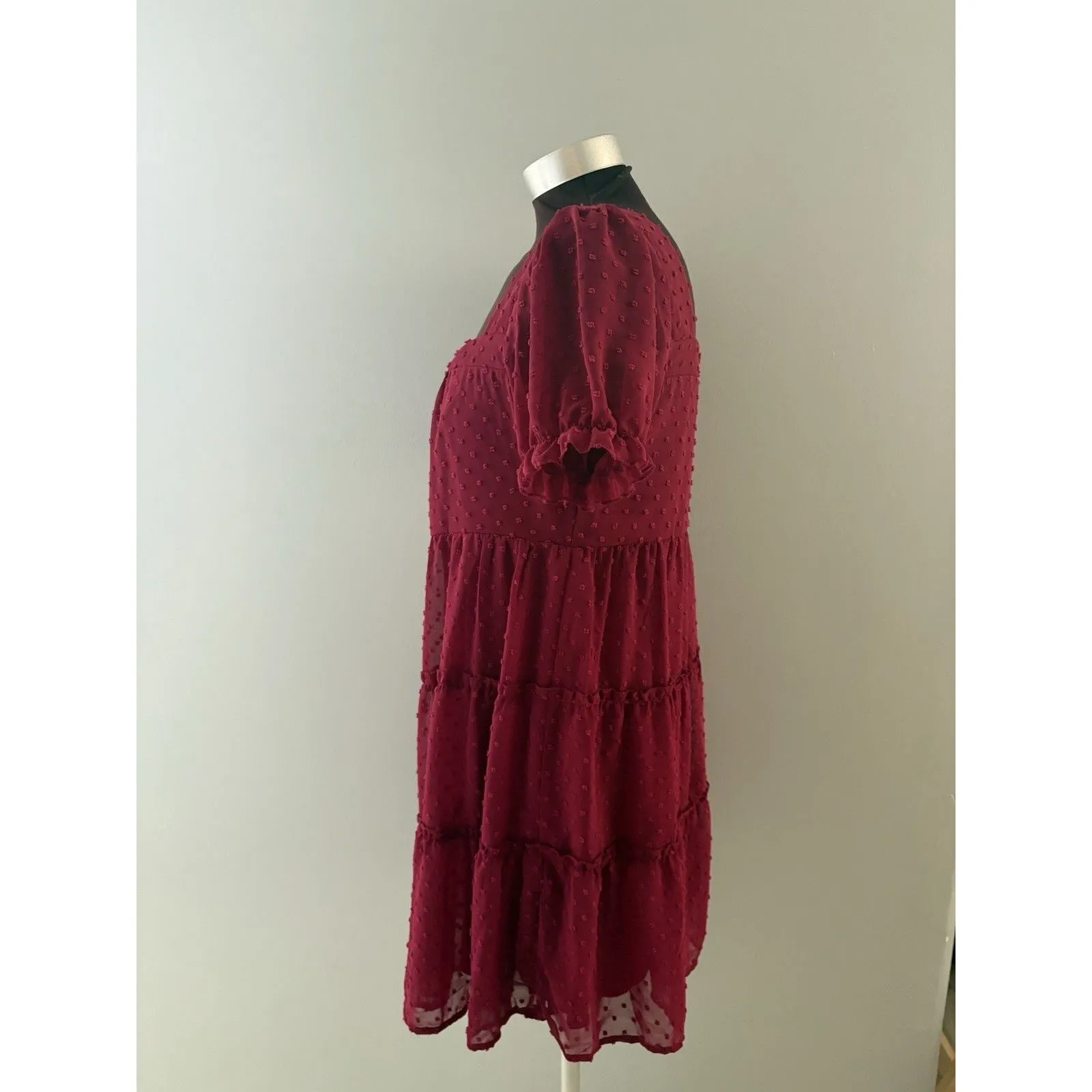 Trixxi Dress Size Large Burgundy Swiss Dot Tiered Puff Sleeve Cute Goth Babydoll - Image 3