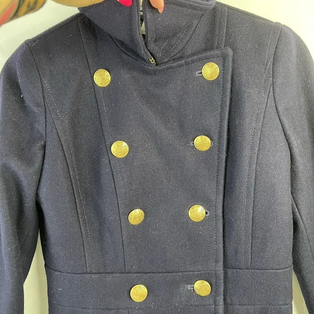 J. Crew Size 0 Peacoat Coat Wool Blend Navy Double Breasted Collared Pockets Blue - Image 3