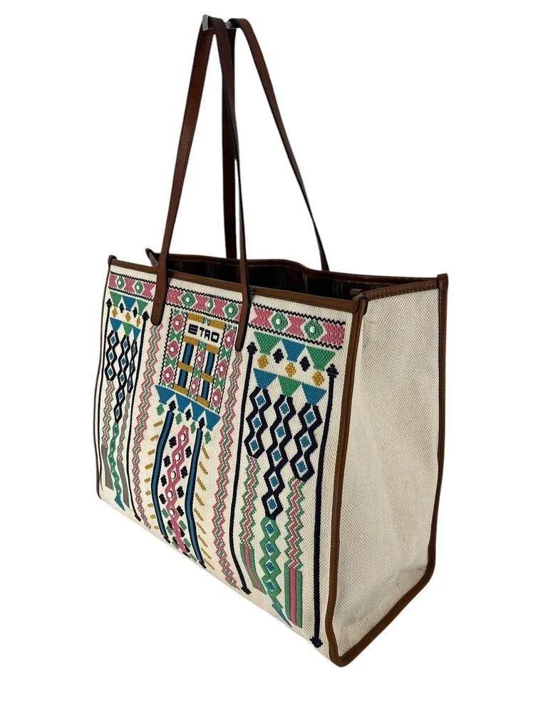 ETRO Embroidered Canvas Shopper Tote Bag Neutrals Brown - Image 7