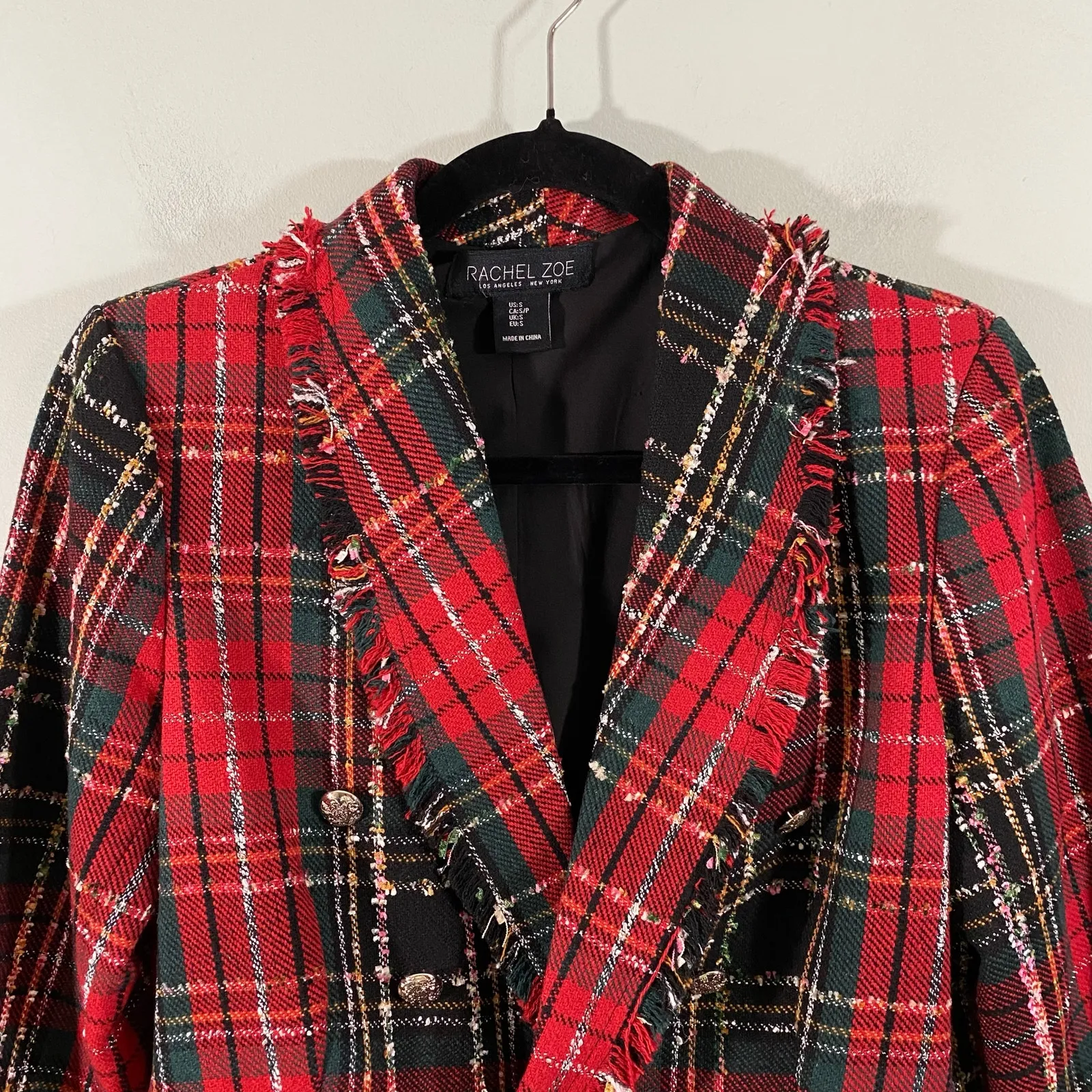 Rachel Zoe Plaid Metallic Thread Tweed Double Breasted Fray Edge Blazer Size S - Image 2