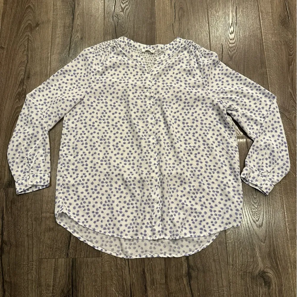 Beach Lunch Lounge Blouse Top Ditsy Blue Floral Flowy Cottagecore Button Up Sz L - Image 4