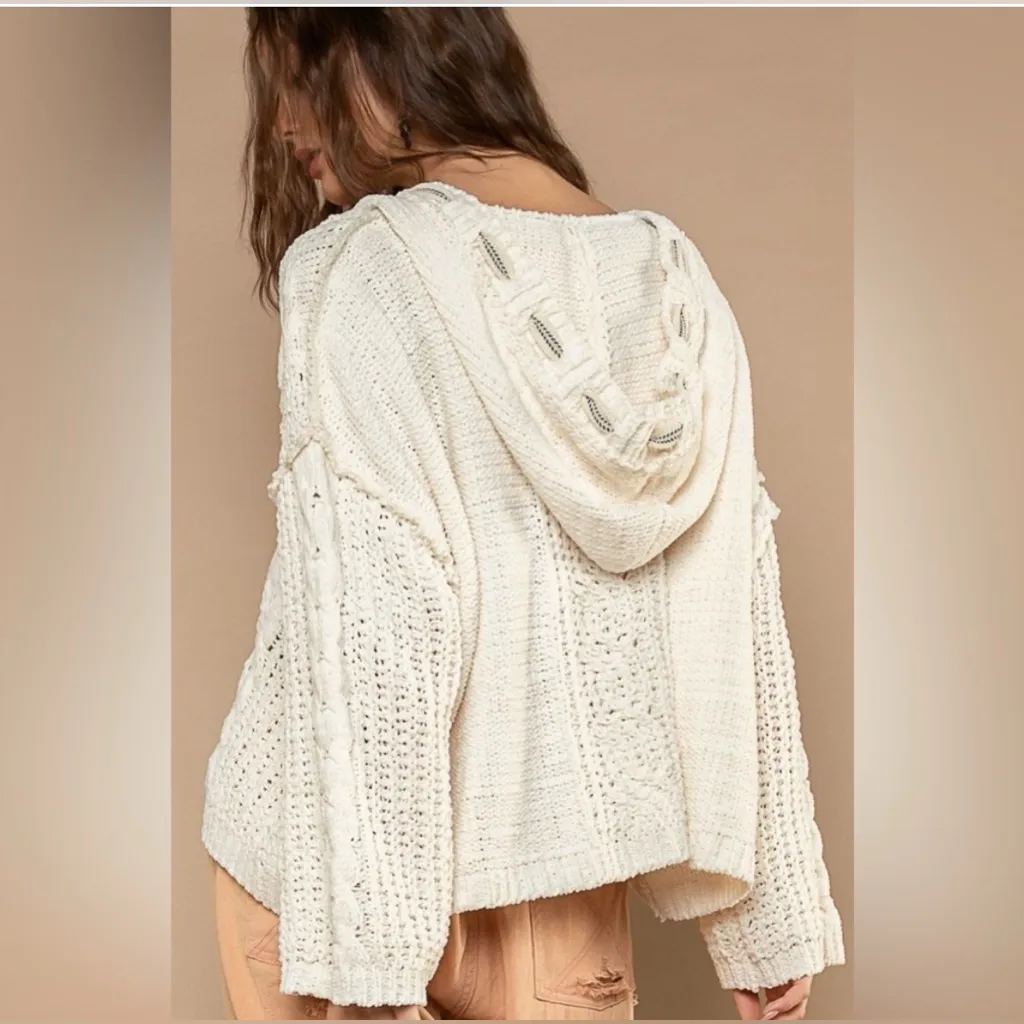 POL Anthropologie Chenille Hooded Pullover Cream Knit Fair Isle Sweater Tie S-XL - Image 2