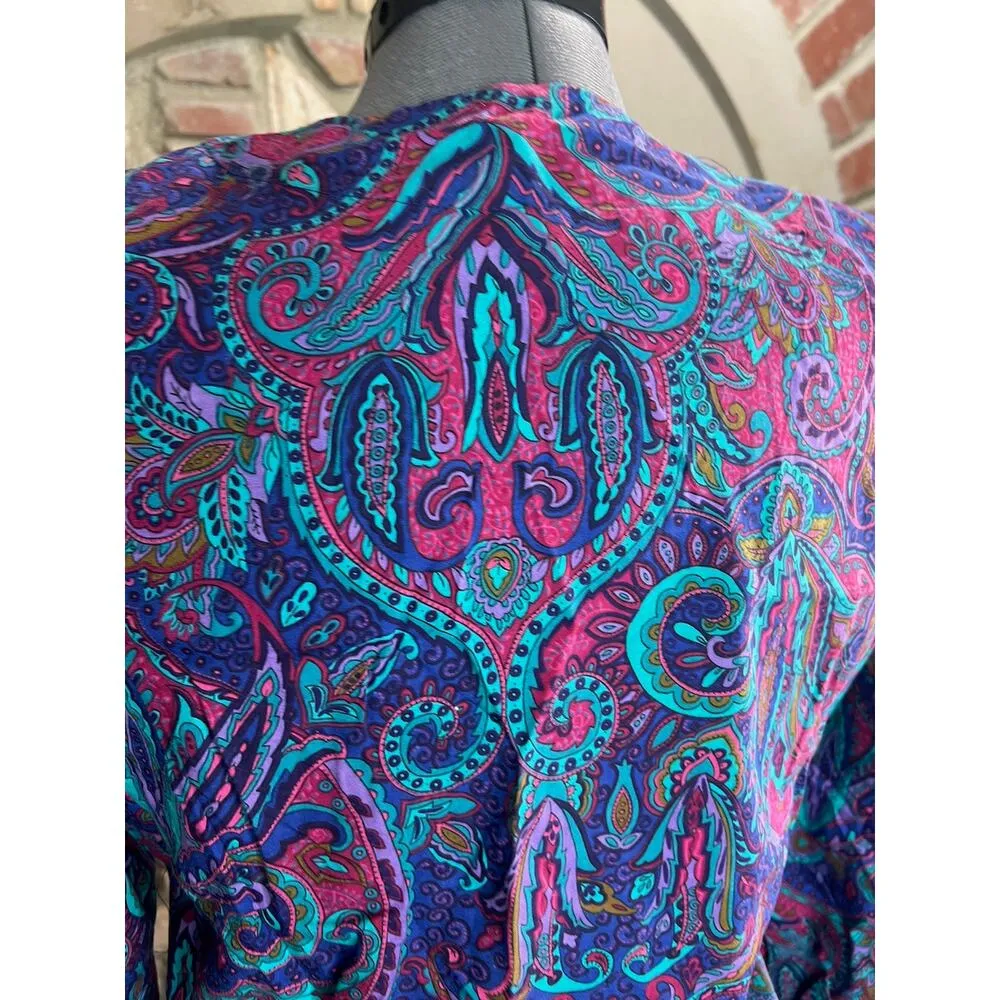 skirt set paisley fuchsia purple teal button front blouse swing skirt 1980s Size 12 - Image 7