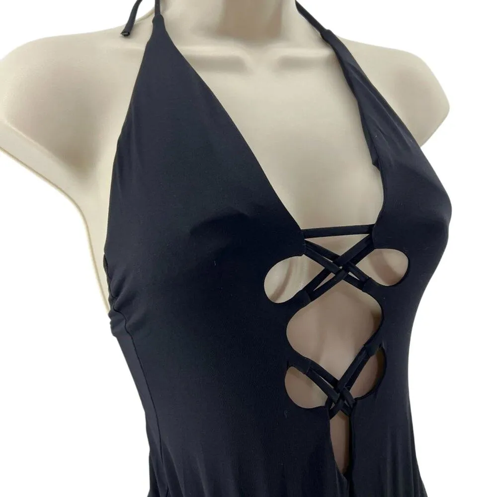 Isabella Rose Black Crisscross Front Plunge Halter One Piece Swimsuit Small - Image 2