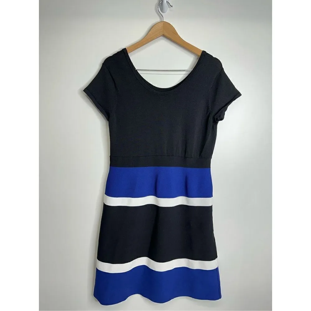 Ann Klein Midi Dress Womens Medium Colorblock A-line Black/Blue Short Sleeve - Image 5