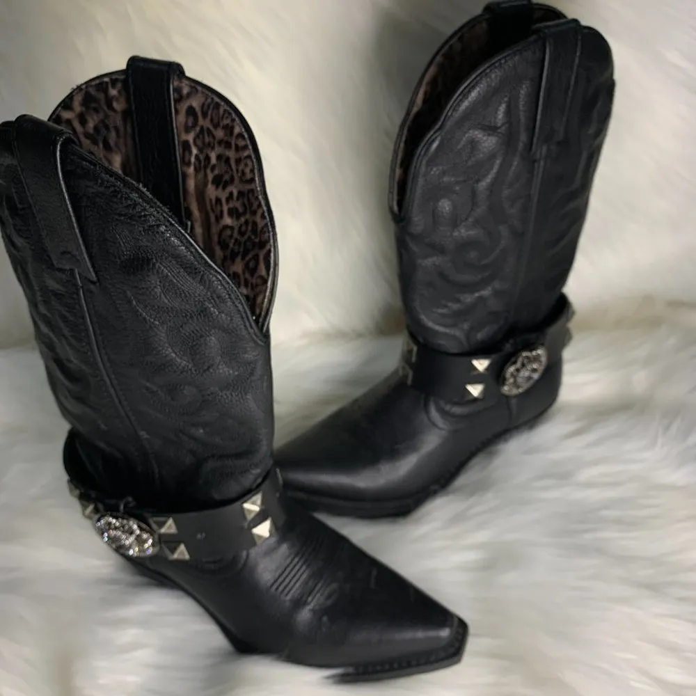 Handmade Womens Black Studded Leather Metal Buckle Removable Boot Band One Size - Image 2