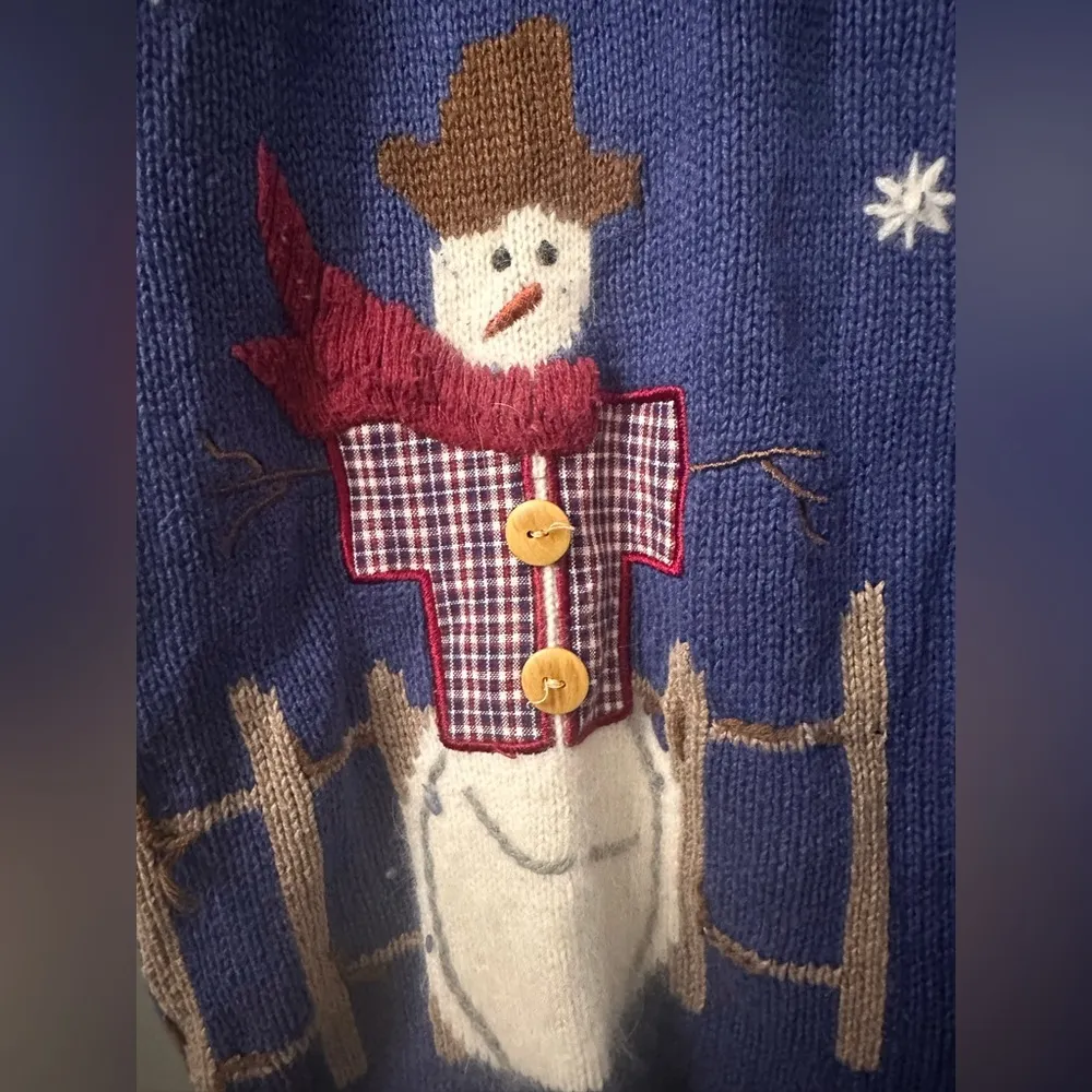 Quacker Factory Blue Knit Holiday Christmas Snowman Cardigan - Image 8
