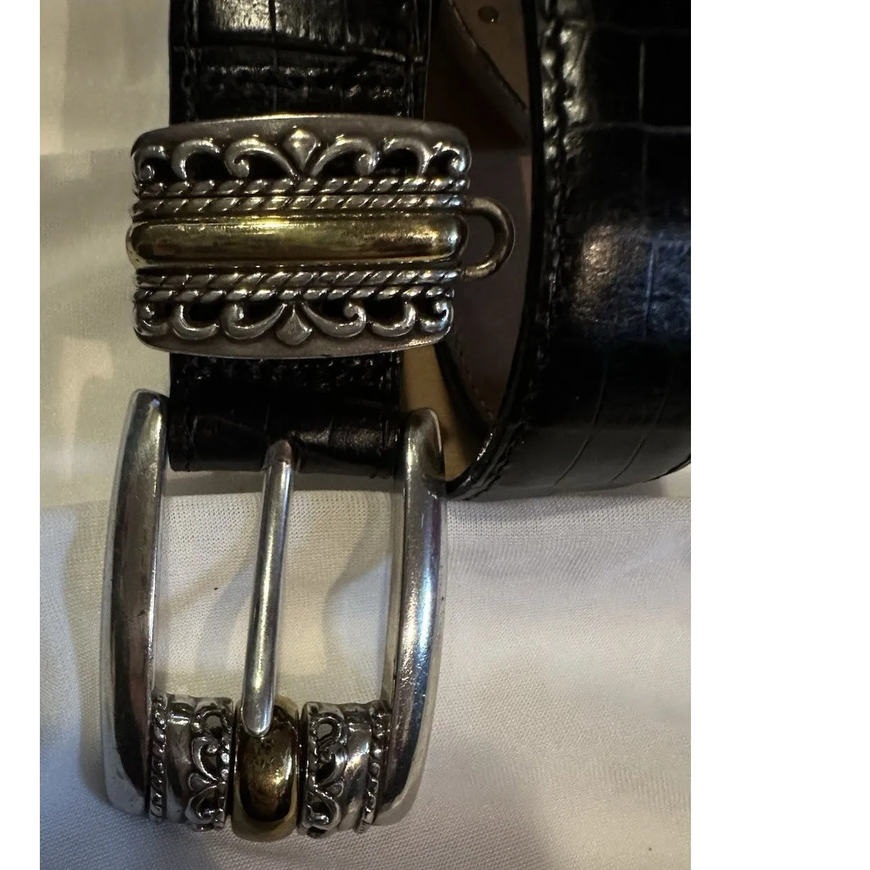 Brighton Belt Snakeskin Women's (M)30 Black Leather 2 Tone Buckle Skinny Vintage - Image 2