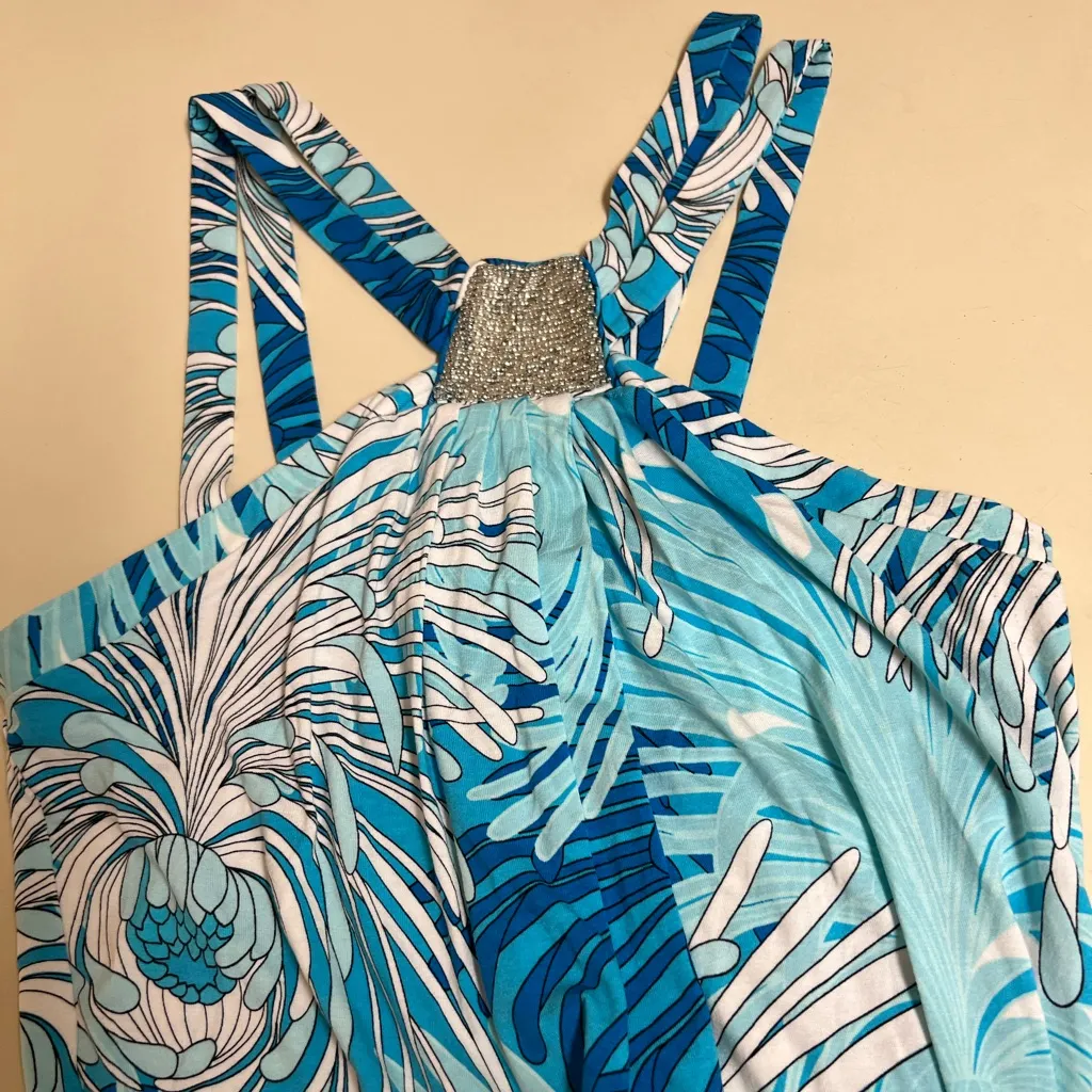 New York and Company Blue and White Sleeveless Maxi Dress - Image 3