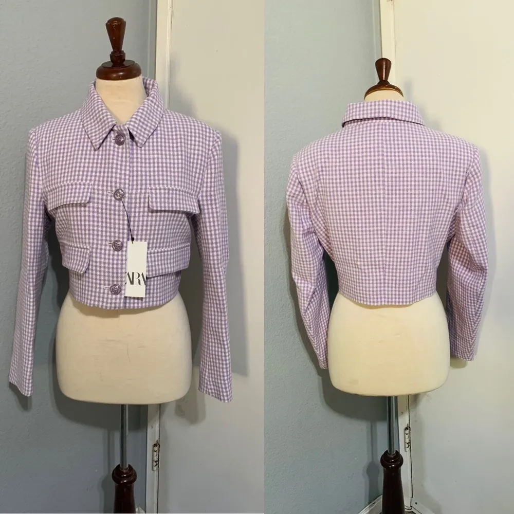 Zara Bloggers Fav Lilac White Textured Cropped Blazer with Shoulder Pads Size L - Image 3