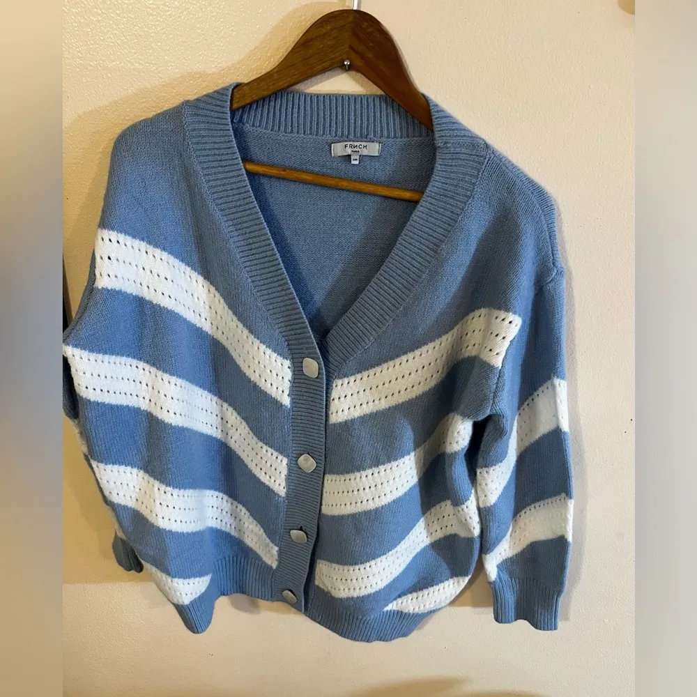 FRNCH Blue & White Open Front Lahlia Cardigan Size M Knitting long sleeves - Image 6