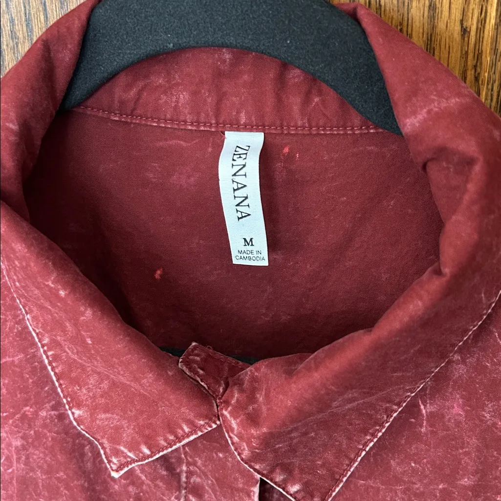 Zenana Oversized Maroon Burgundy‎ Collared Button Down Shirt Acid Washed Medium - Image 3