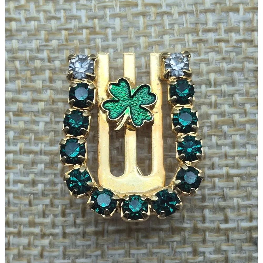 Gold Tone Lucky Tiny Horseshoe Clover Brooch Lapel Pin Green Rhinestones Enamel - Image 6