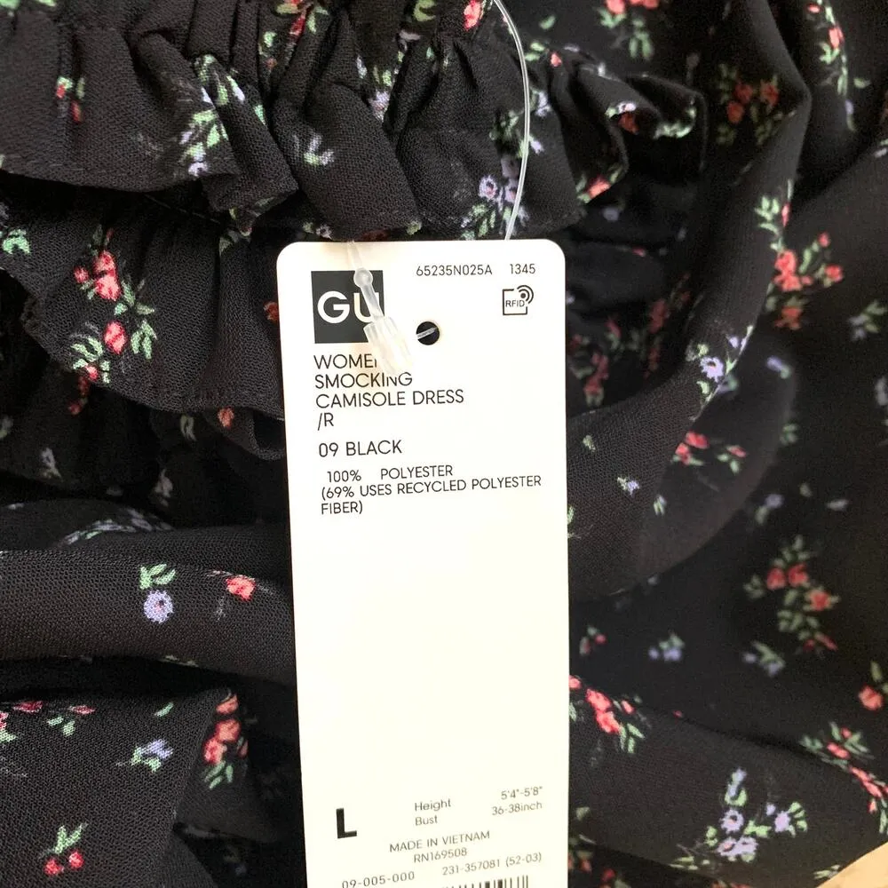 Rokh x GU (Uniqlo) Smocking Camisole Ruffle Dress in Black Floral Size L - Image 11