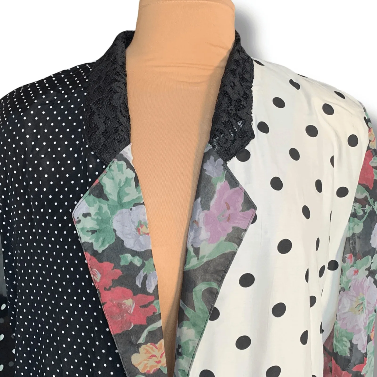 Vintage 90s Patchwork Polka Dot Floral Blazer Sheer Sleeve Lace Collar Oversized Black Size L - Image 3