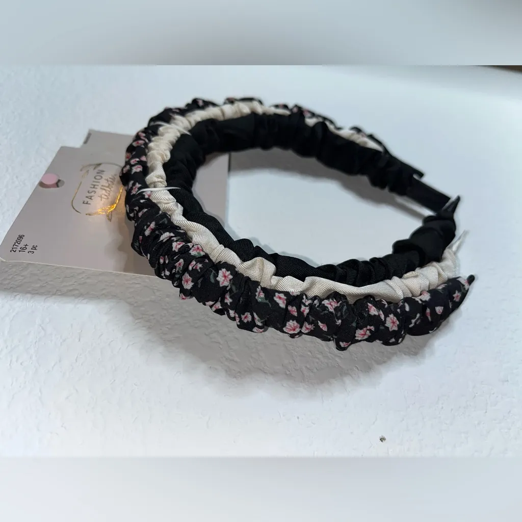 Fashion Tidbits NWT Scrunch Satin Fabric Chic Floral Shiny 3pc Headbands Junior Black - Image 3