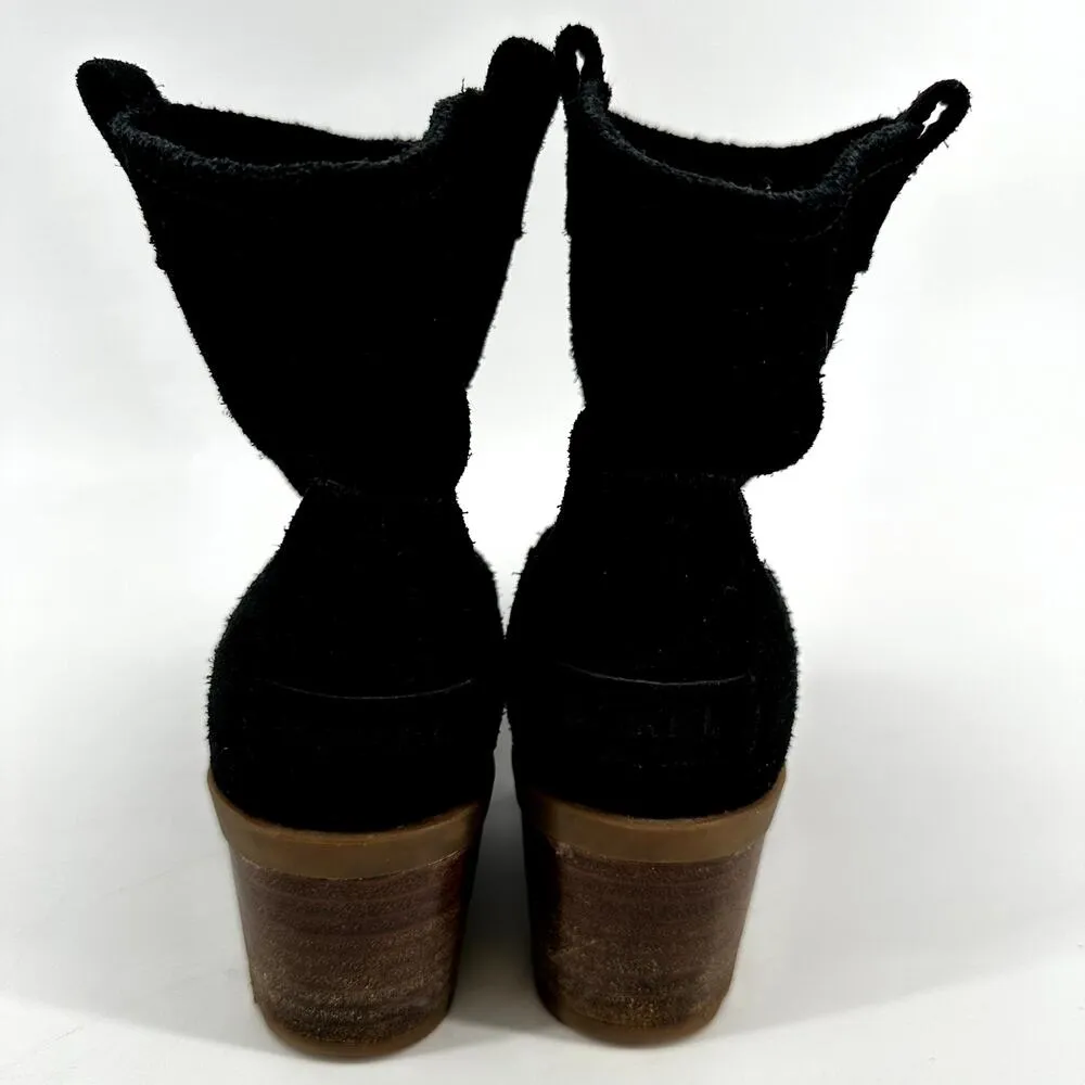 Sorel Cate Pull On Waterproof Suede Rain Ankle Boots Booties Block Heel Black 6 - Image 5