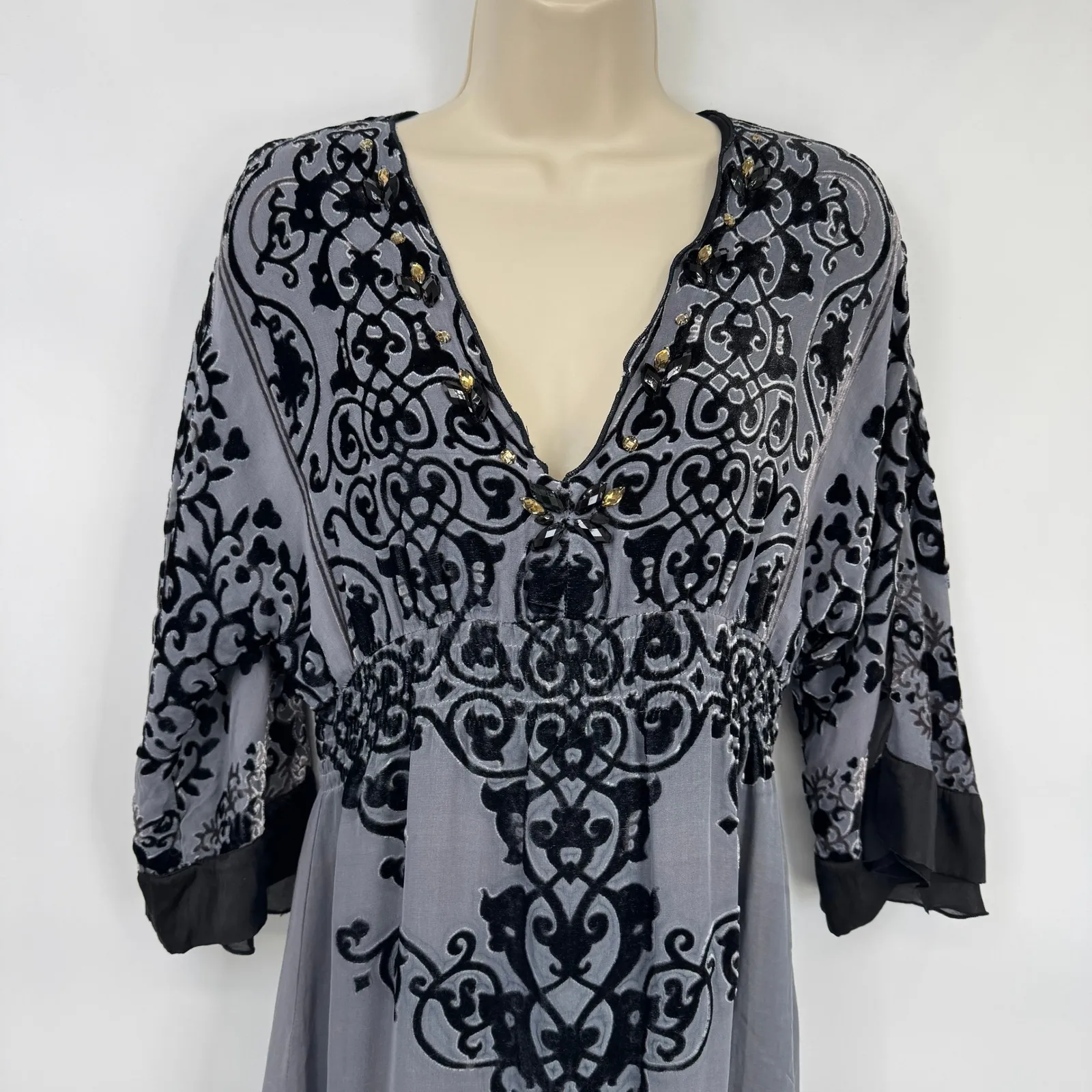 Hale Bob Dress Womens Small Gray Black Silk Velvet Burnout Baroque Bell Sleeve - Image 3